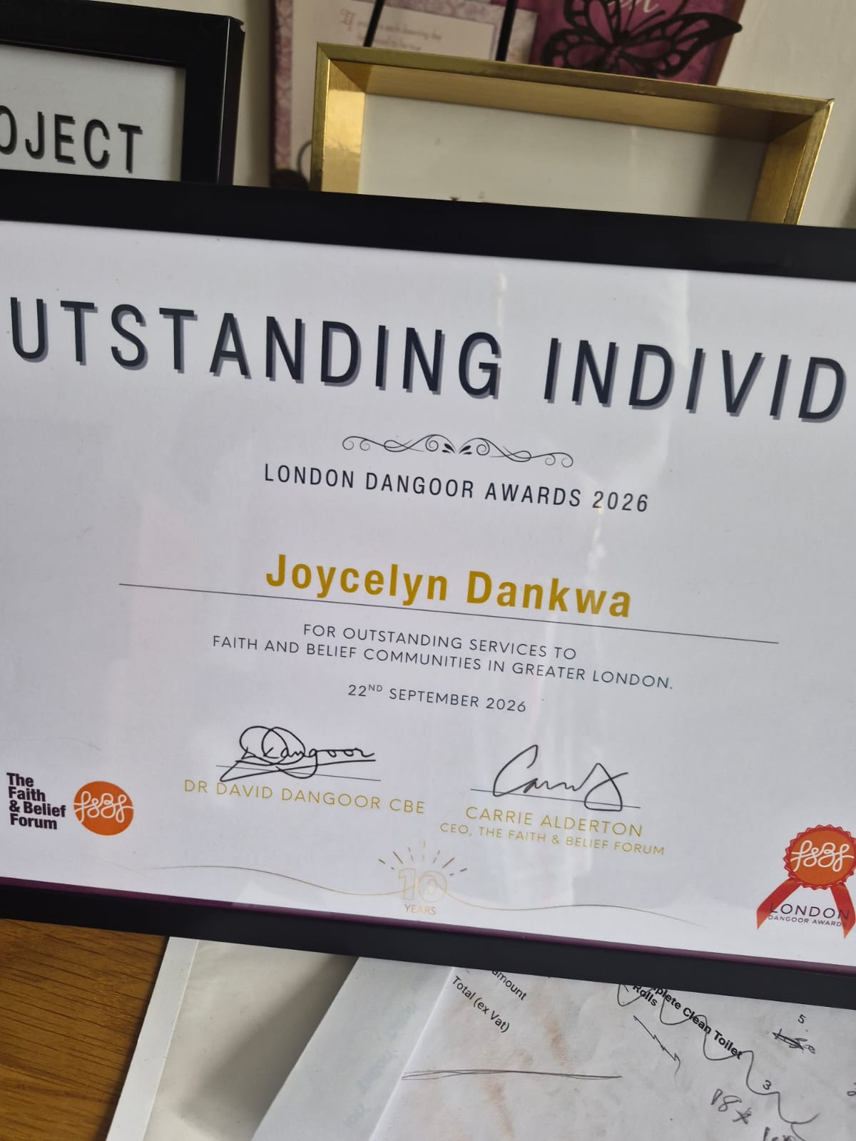 Joycelyn Dankwa's London Dangoor Awards 2026 Outstanding Individual certificate